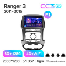 Штатная магнитола Teyes CC3 2k 6+128 Gb 360° Ford Ranger 3 2011-2015 (F1) 9″