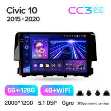 Штатная магнитола Teyes CC3 2k 6+128 Gb 360° Honda Civic 10 FC FK 2015-2020 9″