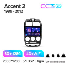 Штатная магнитола Teyes CC3 2k 6+128 Gb 360° Hyundai Accent 2 LC2 1999-2012 (F1) 9″