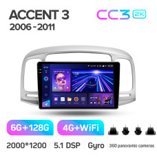 Штатна магнітола Teyes CC3 6+128 Gb з коловим оглядом 360° Hyundai Accent 3 2006-2011 9" 2k