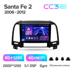Штатная магнитола Teyes CC3 2k 6+128 Gb 360° Hyundai Santa Fe 2 2006-2012 9″
