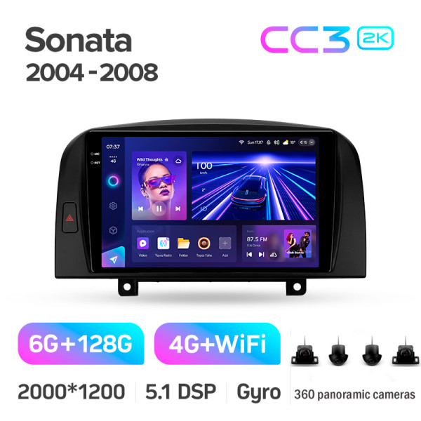 Штатная магнитола Teyes CC3 2k 6+128 Gb 360° Hyundai Sonata NF 2004-2008 9″