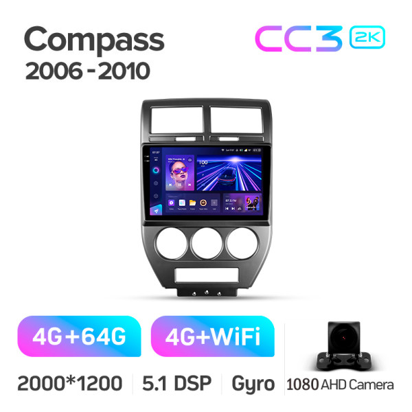 Штатная магнитола Teyes CC3 2k 4+64 Gb Jeep Compass 1 MK 2006-2010 10″