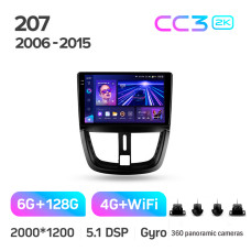 Штатна магнітола Teyes CC3 6+128 Gb з коловим оглядом 360° Peugeot 207 2006-2015 9" 2k