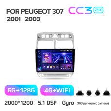 Штатная магнитола Teyes CC3 2k 6+128 Gb 360° Peugeot 307 1 2001-2008 9″
