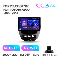 Штатная магнитола Teyes CC3 2k 6+128 Gb Peugeot 107/Toyota Aygo 2005-2014 10″