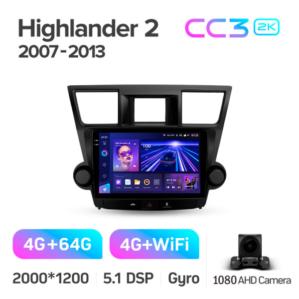 Штатная магнитола Teyes CC3 2k 4+64 Gb Toyota Highlander 2 XU40 2007-2013 (F2) 10″